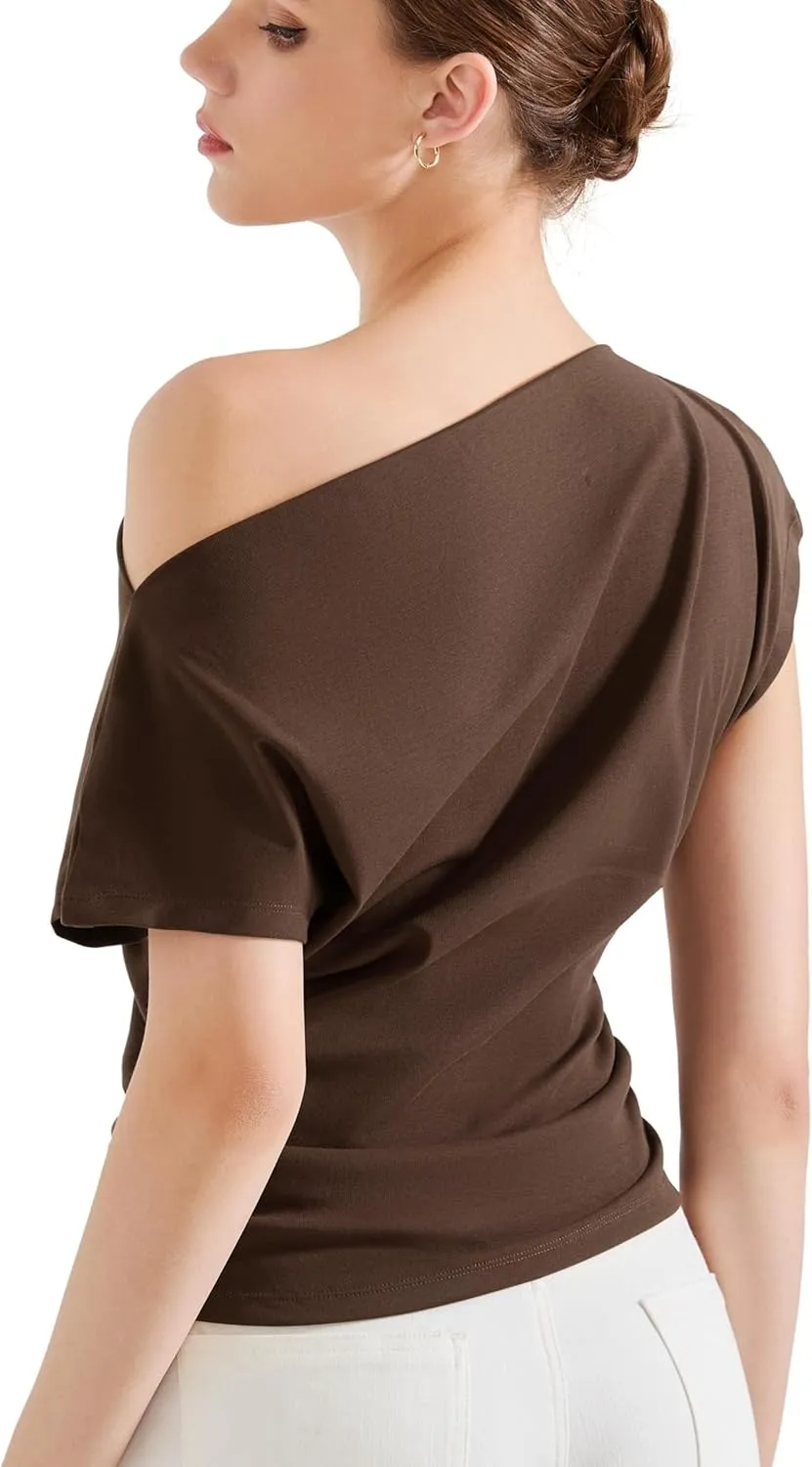 SUUKSESS Women Off The Shoulder Summer Tops One Shoulder T Shirt Casual Short Sleeve Boat Neck Tees