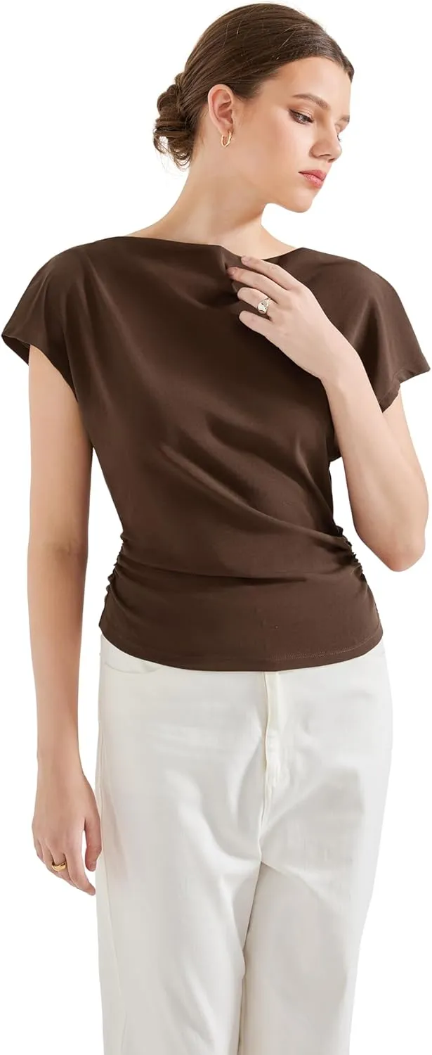 SUUKSESS Women Off The Shoulder Summer Tops One Shoulder T Shirt Casual Short Sleeve Boat Neck Tees