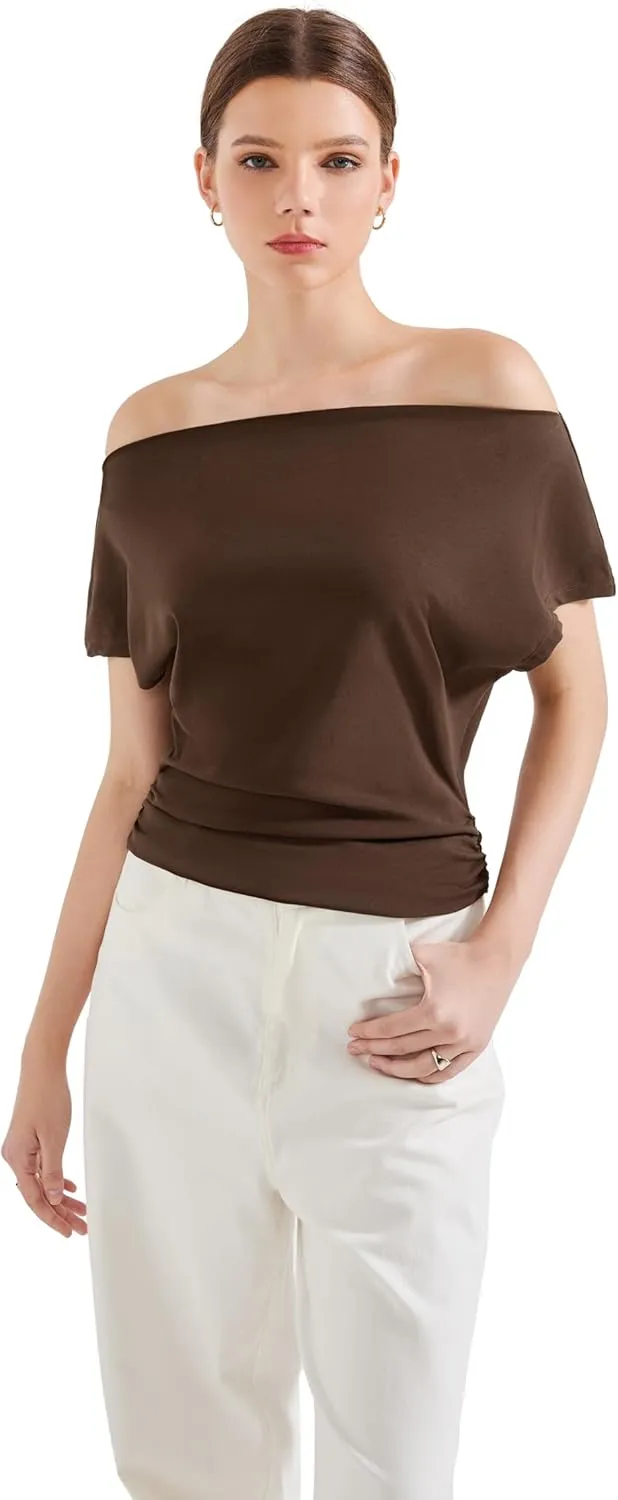 SUUKSESS Women Off The Shoulder Summer Tops One Shoulder T Shirt Casual Short Sleeve Boat Neck Tees