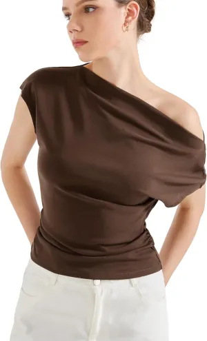 SUUKSESS Women Off The Shoulder Summer Tops One Shoulder T Shirt Casual Short Sleeve Boat Neck Tees