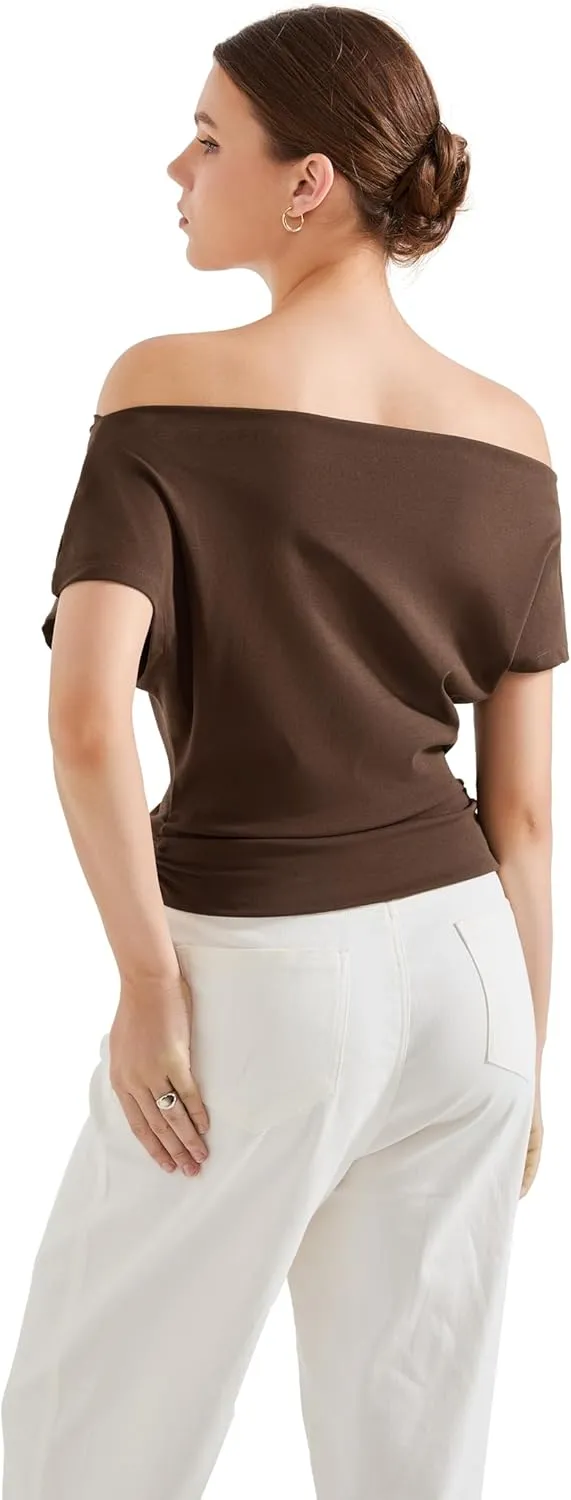 SUUKSESS Women Off The Shoulder Summer Tops One Shoulder T Shirt Casual Short Sleeve Boat Neck Tees