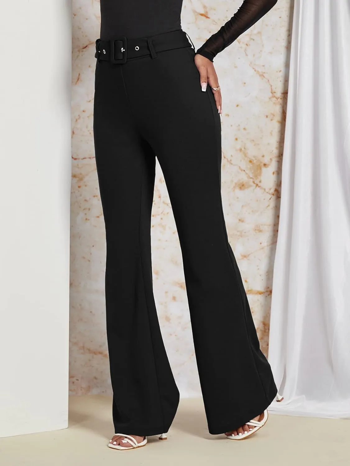 SweatyRocks Women's Casual High Waist Flare Wide Leg Pants Buckle Belted Long Trousers Pants