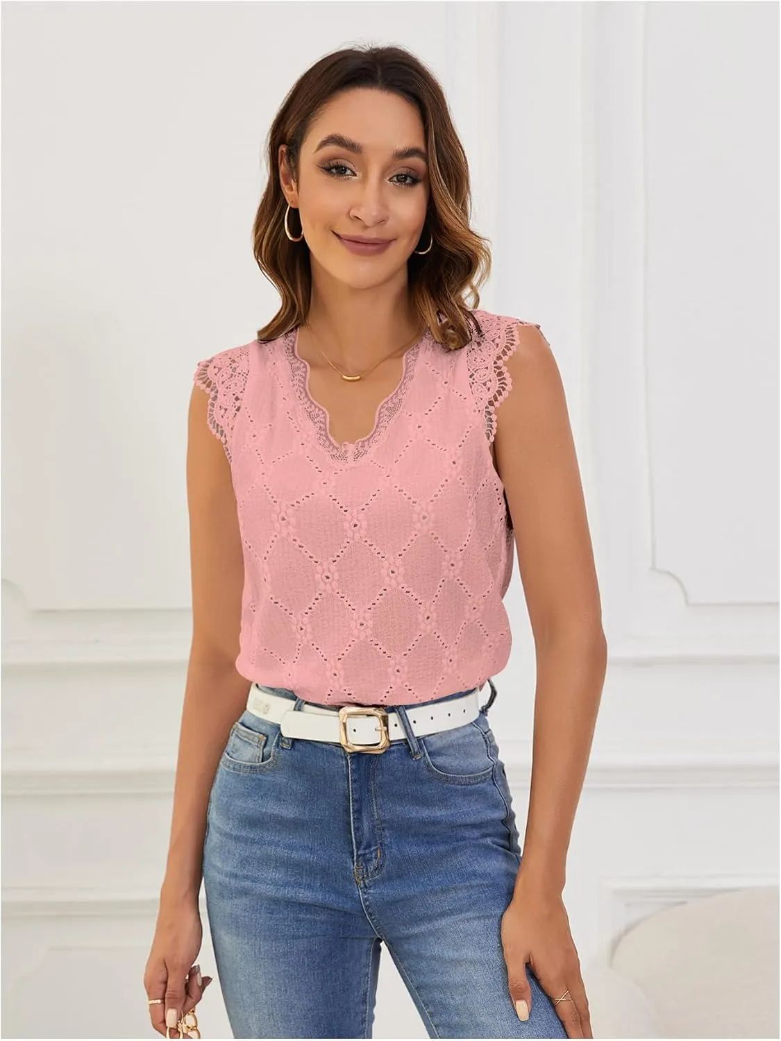 SweatyRocks Women's Floral Lace Scallop Trim Cap Sleeve Eyelet Embroidery V Neck Tee Shirt