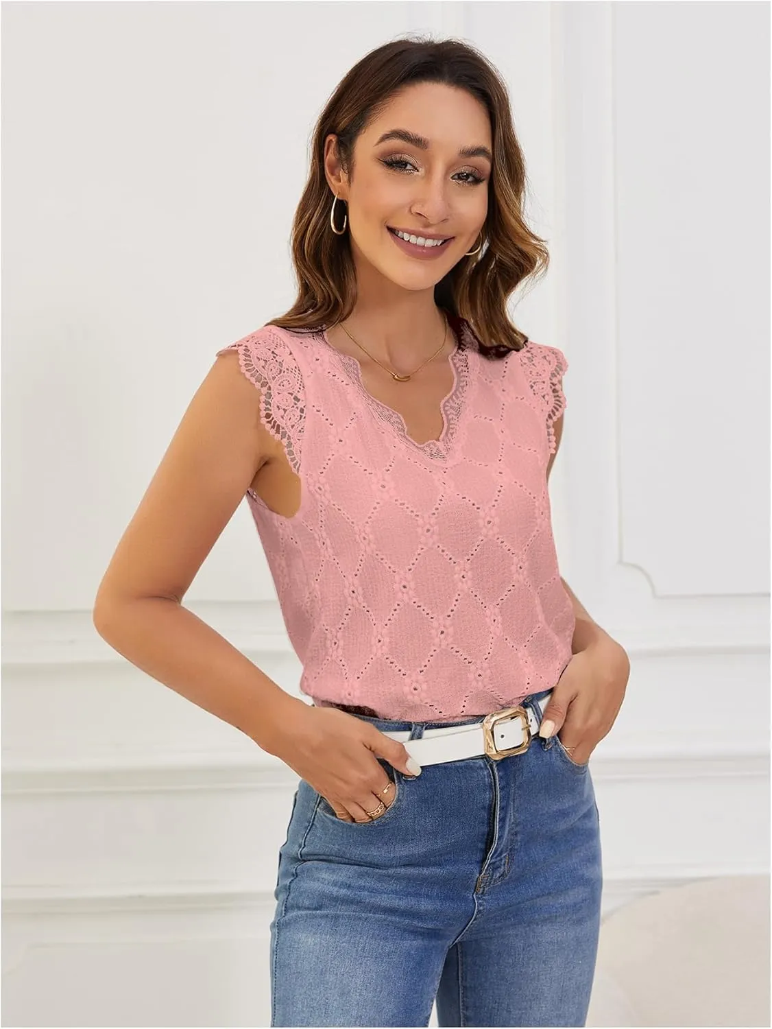 SweatyRocks Women's Floral Lace Scallop Trim Cap Sleeve Eyelet Embroidery V Neck Tee Shirt
