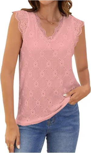 SweatyRocks Women's Floral Lace Scallop Trim Cap Sleeve Eyelet Embroidery V Neck Tee Shirt