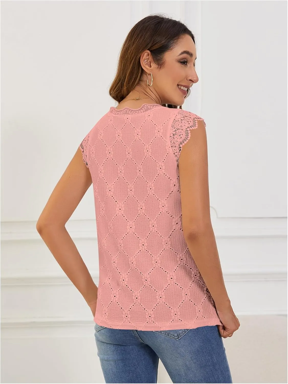 SweatyRocks Women's Floral Lace Scallop Trim Cap Sleeve Eyelet Embroidery V Neck Tee Shirt