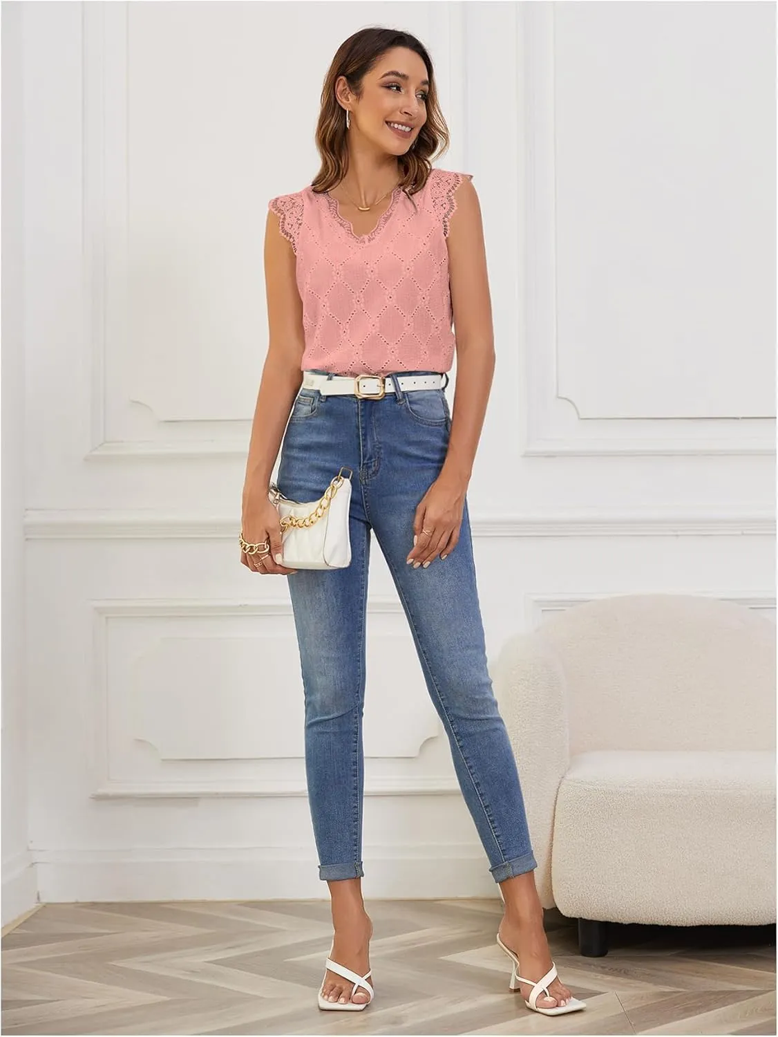 SweatyRocks Women's Floral Lace Scallop Trim Cap Sleeve Eyelet Embroidery V Neck Tee Shirt
