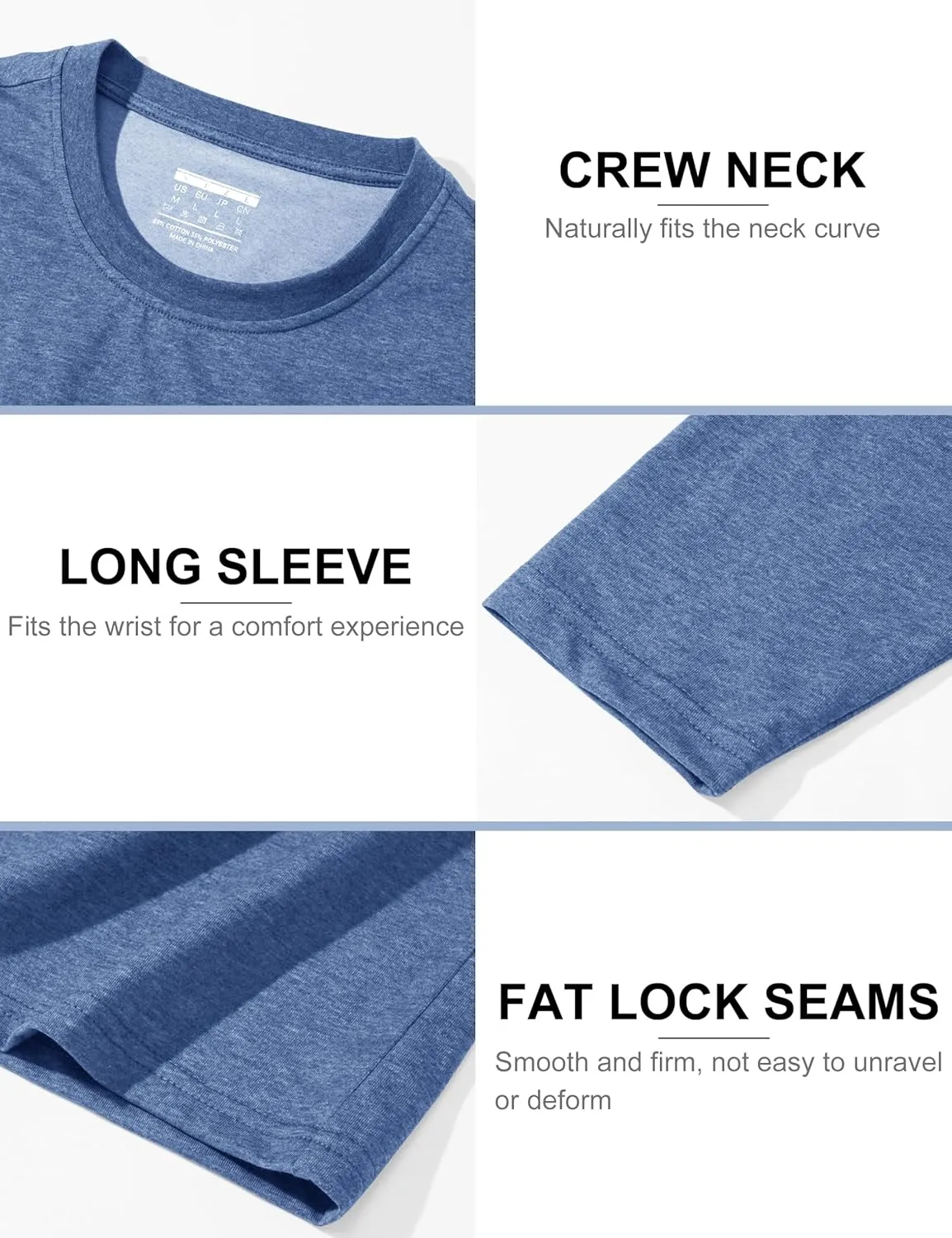 TACVASEN Long Sleeve Shirts for Men Cotton Classic Crew-Neck Moisture Wicking Mens Undershirt Comfort Solid Tee Shirt