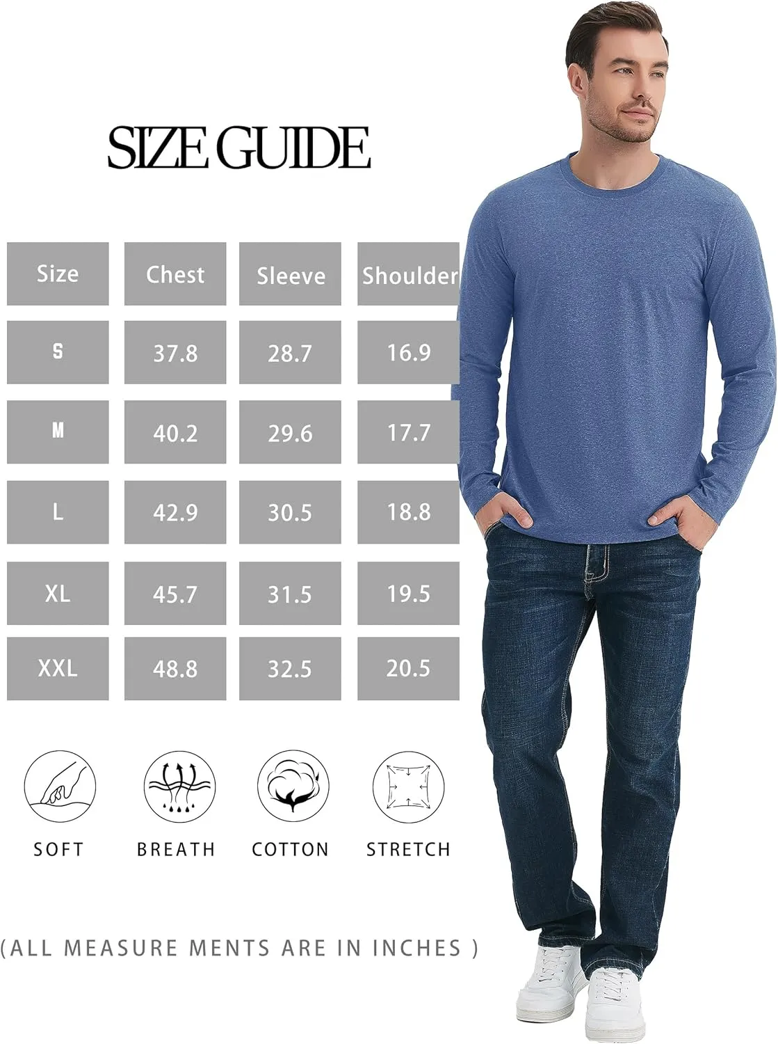 TACVASEN Long Sleeve Shirts for Men Cotton Classic Crew-Neck Moisture Wicking Mens Undershirt Comfort Solid Tee Shirt