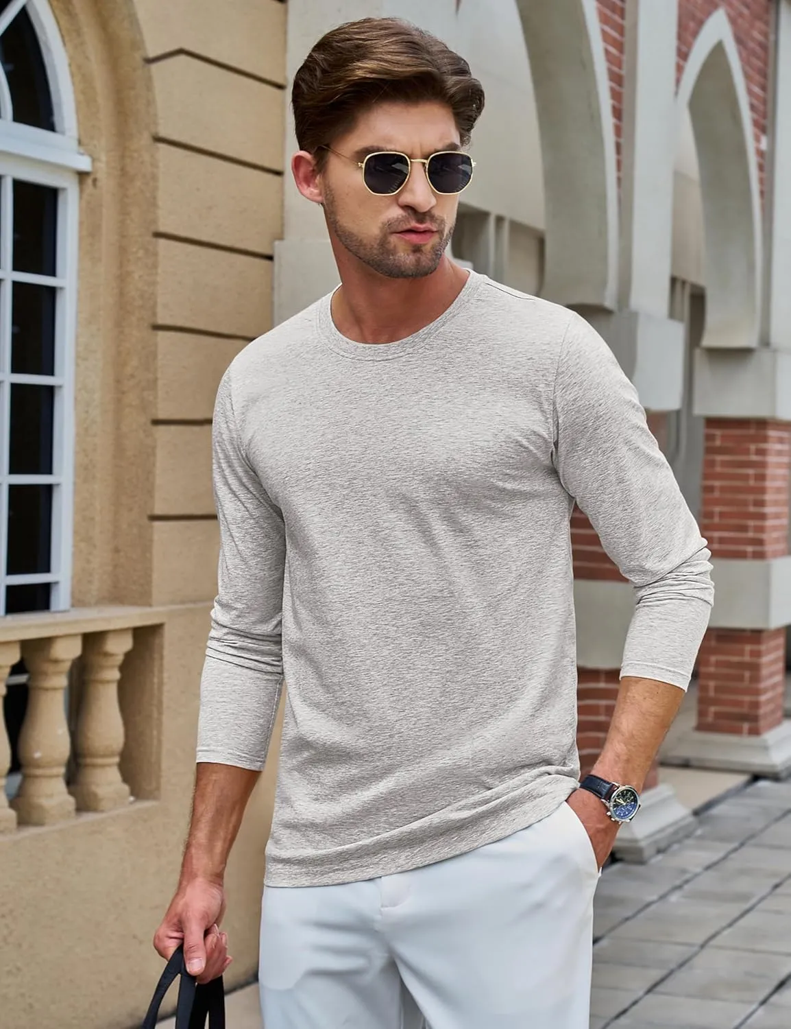 TACVASEN Long Sleeve Shirts for Men Cotton Classic Crew-Neck Moisture Wicking Mens Undershirt Comfort Solid Tee Shirt
