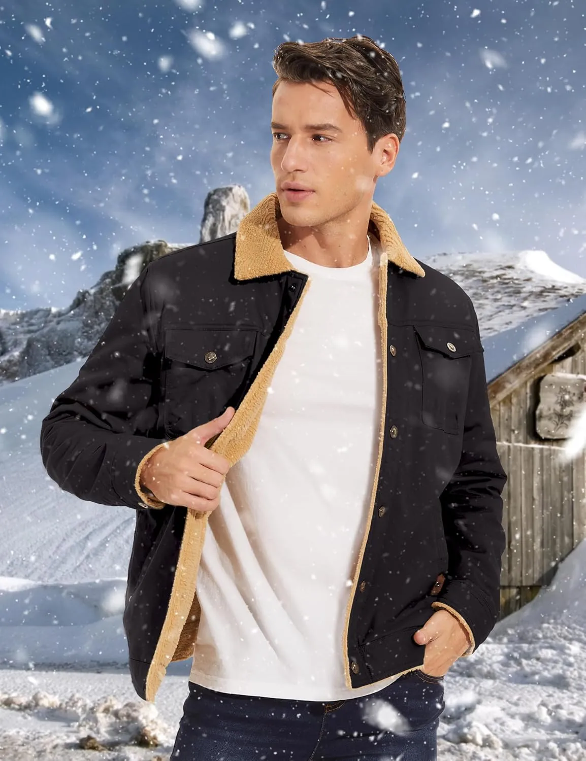TACVASEN Men's Winter Jacket Sherpa Fleece Lined Cargo Coat Warm Thick Trucker Jacket with Multi Pockets