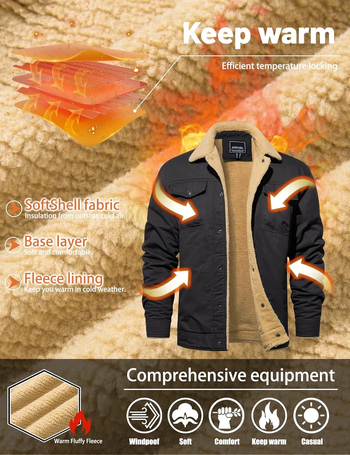 TACVASEN Men's Winter Jacket Sherpa Fleece Lined Cargo Coat Warm Thick Trucker Jacket with Multi Pockets