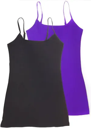 The Lovely Women's & Juniors Camisole Built in Shelf Bra Adjustable Spaghetti Strap Long Tank Top - 2 Pack