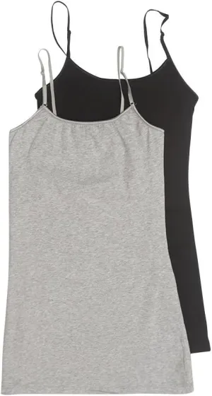 The Lovely Women's & Juniors Camisole Built in Shelf Bra Adjustable Spaghetti Strap Long Tank Top - 2 Pack