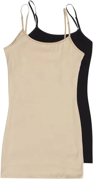 The Lovely Women's & Juniors Camisole Built in Shelf Bra Adjustable Spaghetti Strap Long Tank Top - 2 Pack