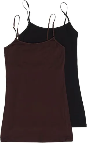 The Lovely Women's & Juniors Camisole Built in Shelf Bra Adjustable Spaghetti Strap Long Tank Top - 2 Pack