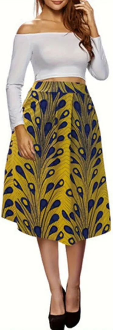 THLAI Womens Midi Elegant Peafowl Print Skirt High Waisted A Line Summer Pleated Daily Skirt