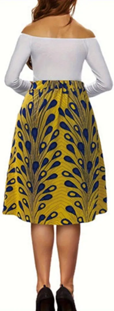 THLAI Womens Midi Elegant Peafowl Print Skirt High Waisted A Line Summer Pleated Daily Skirt