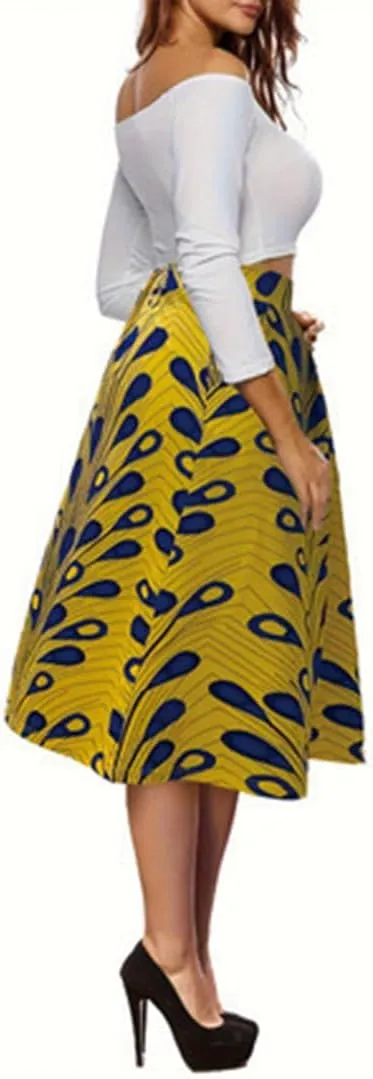 THLAI Womens Midi Elegant Peafowl Print Skirt High Waisted A Line Summer Pleated Daily Skirt