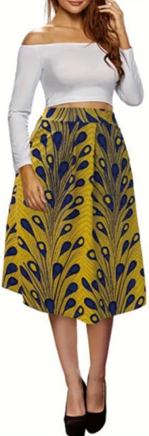 THLAI Womens Midi Elegant Peafowl Print Skirt High Waisted A Line Summer Pleated Daily Skirt