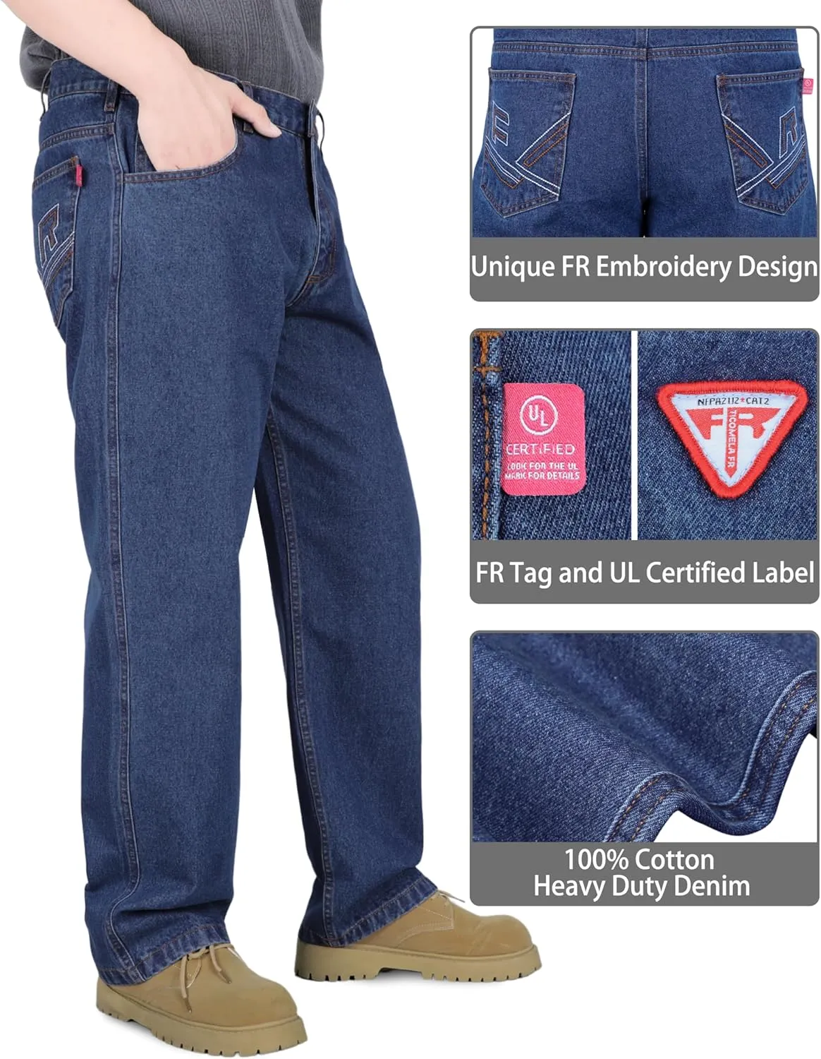 TICOMELA FR Jeans for Men Flame Resistant Pants 11.5oz 100% Cotton Heavy Duty Denim Pre-Washed Relaxed FR Jeans
