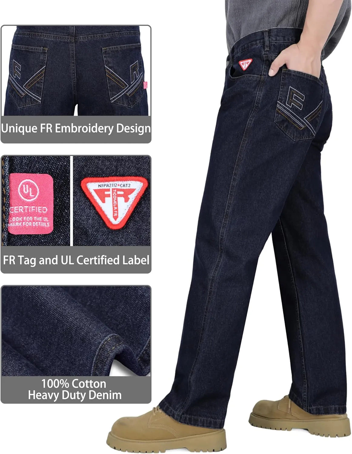 TICOMELA FR Jeans for Men Flame Resistant Pants 11.5oz 100% Cotton Heavy Duty Denim Pre-Washed Relaxed FR Jeans