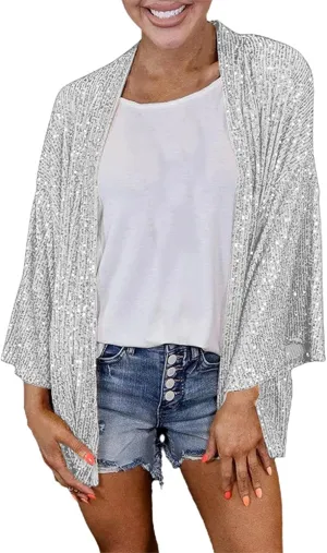 TUQIDEWU Plus Size Cardigan for Women, Sequin Jacket Open Front Blazer Casual Long Sleeve Coat