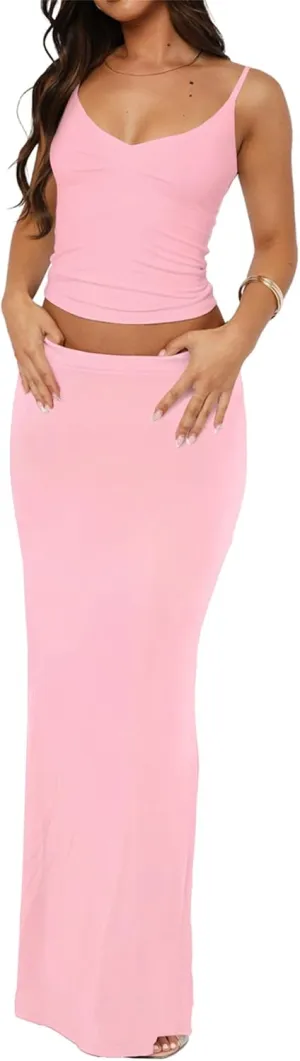 Two Piece Skirt Set for Women - Sexy 2 Pc Sleeveless Spaghetti Strap Pleated Tank Top Maxi Long Skirts Sets Pink S