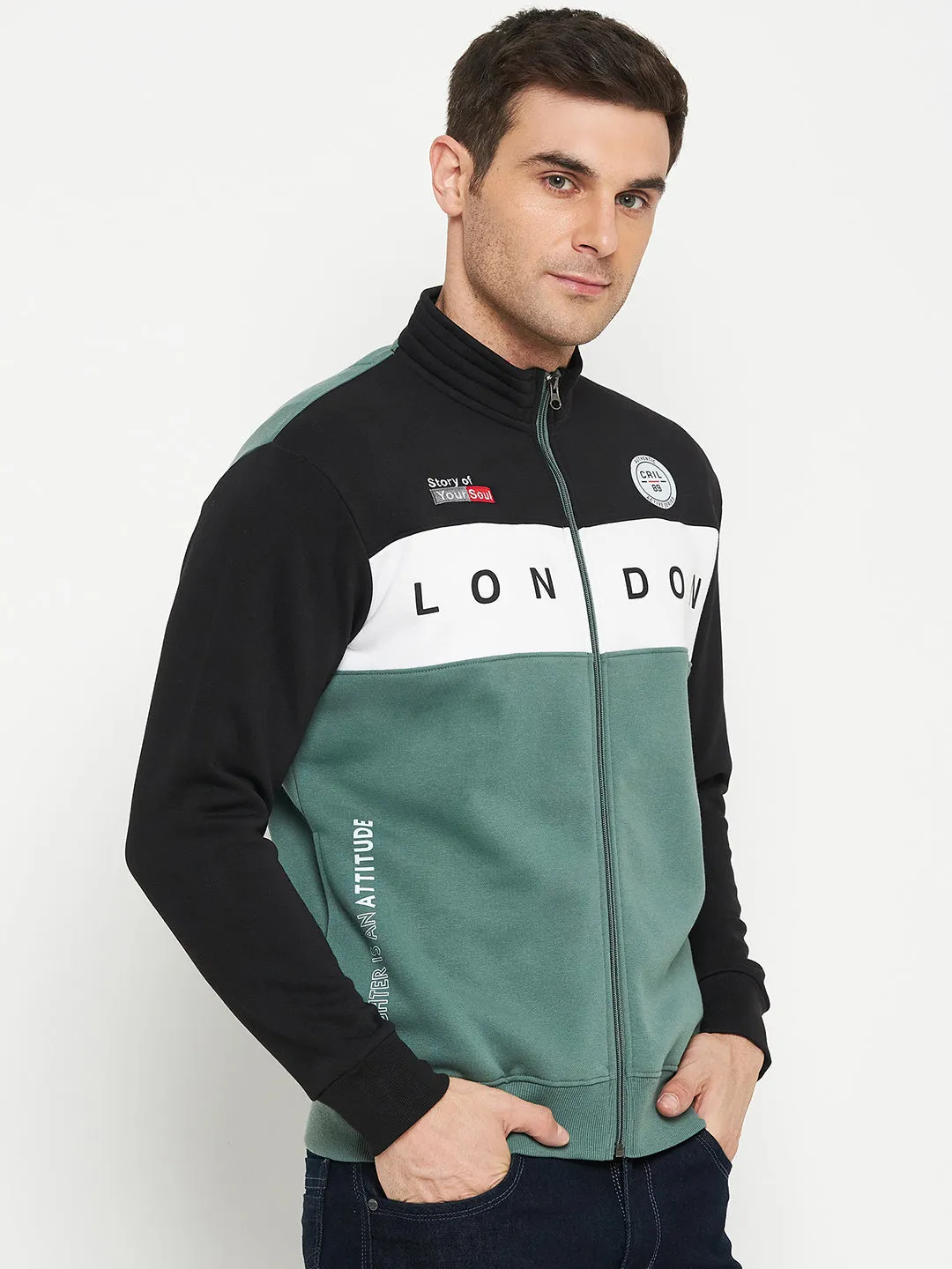 Typography Printed Green Full Sleeves Mock Collar Regular Fit Casual Sweatshirt for Men