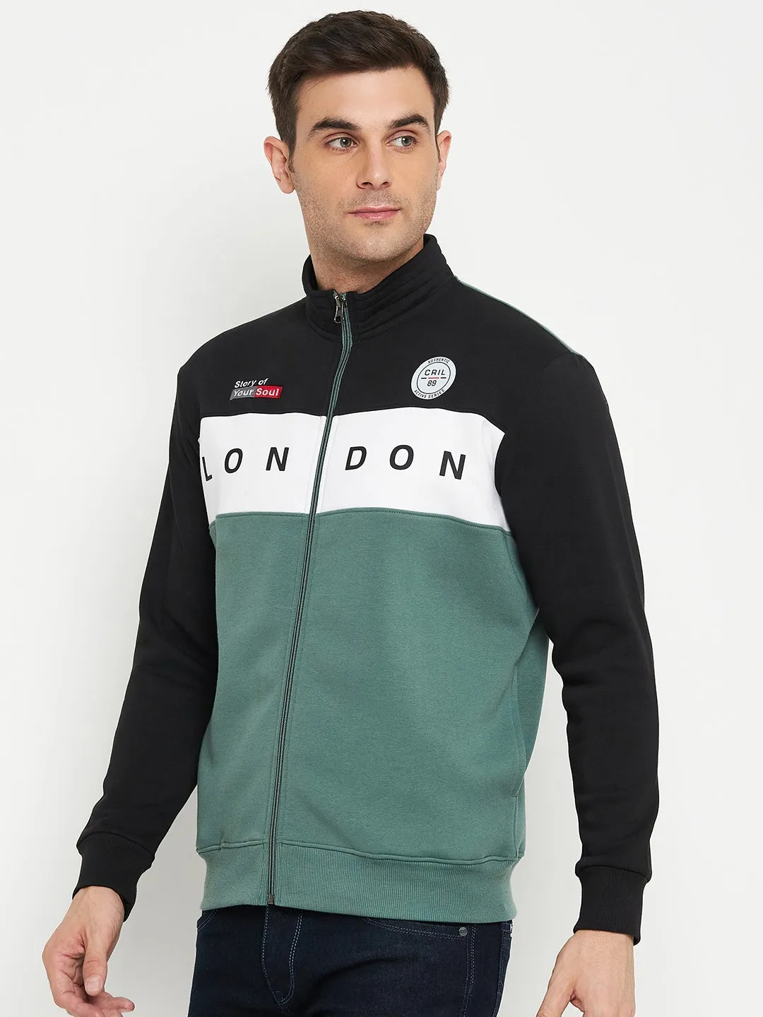 Typography Printed Green Full Sleeves Mock Collar Regular Fit Casual Sweatshirt for Men