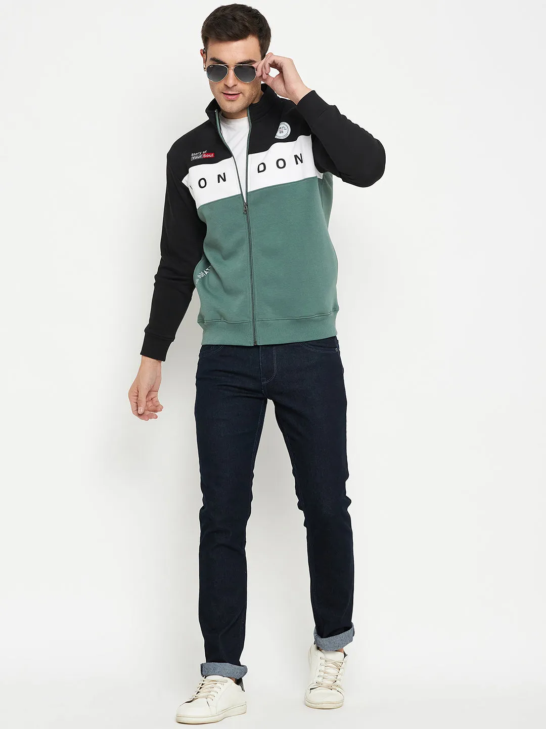 Typography Printed Green Full Sleeves Mock Collar Regular Fit Casual Sweatshirt for Men
