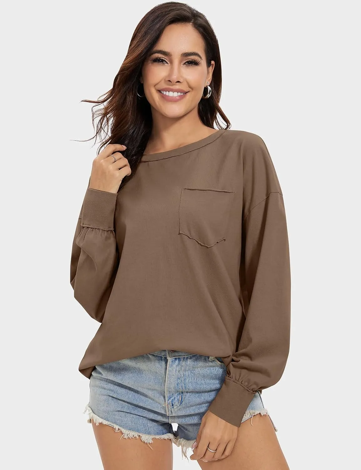 UEU Womens Long Sleeve Tops Crew Neck Casual Oversized Cotton Shirts Blouses Tshirt Tee 2024 Fall Trendy Clothes with Pockets