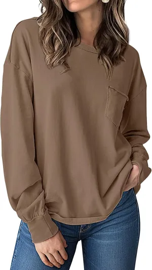 UEU Womens Long Sleeve Tops Crew Neck Casual Oversized Cotton Shirts Blouses Tshirt Tee 2024 Fall Trendy Clothes with Pockets