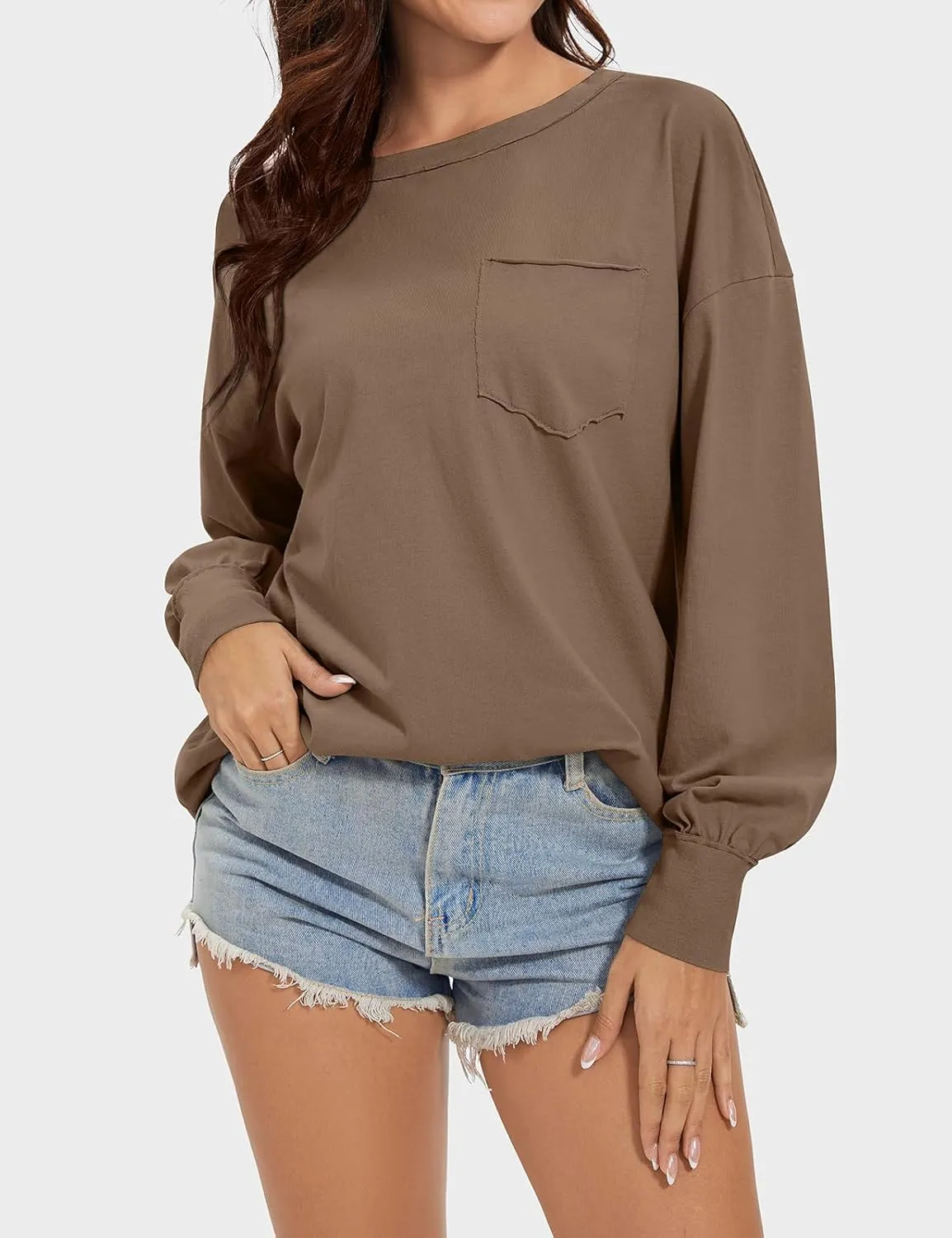UEU Womens Long Sleeve Tops Crew Neck Casual Oversized Cotton Shirts Blouses Tshirt Tee 2024 Fall Trendy Clothes with Pockets