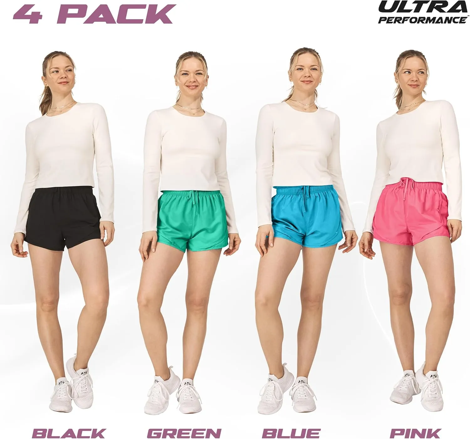Ultra Performance Women's Running Shorts 4-Pack Athletic Workout Gym Shorts for Women, with Brief Liner