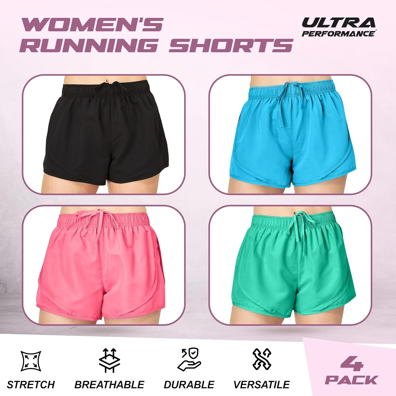 Ultra Performance Women's Running Shorts 4-Pack Athletic Workout Gym Shorts for Women, with Brief Liner