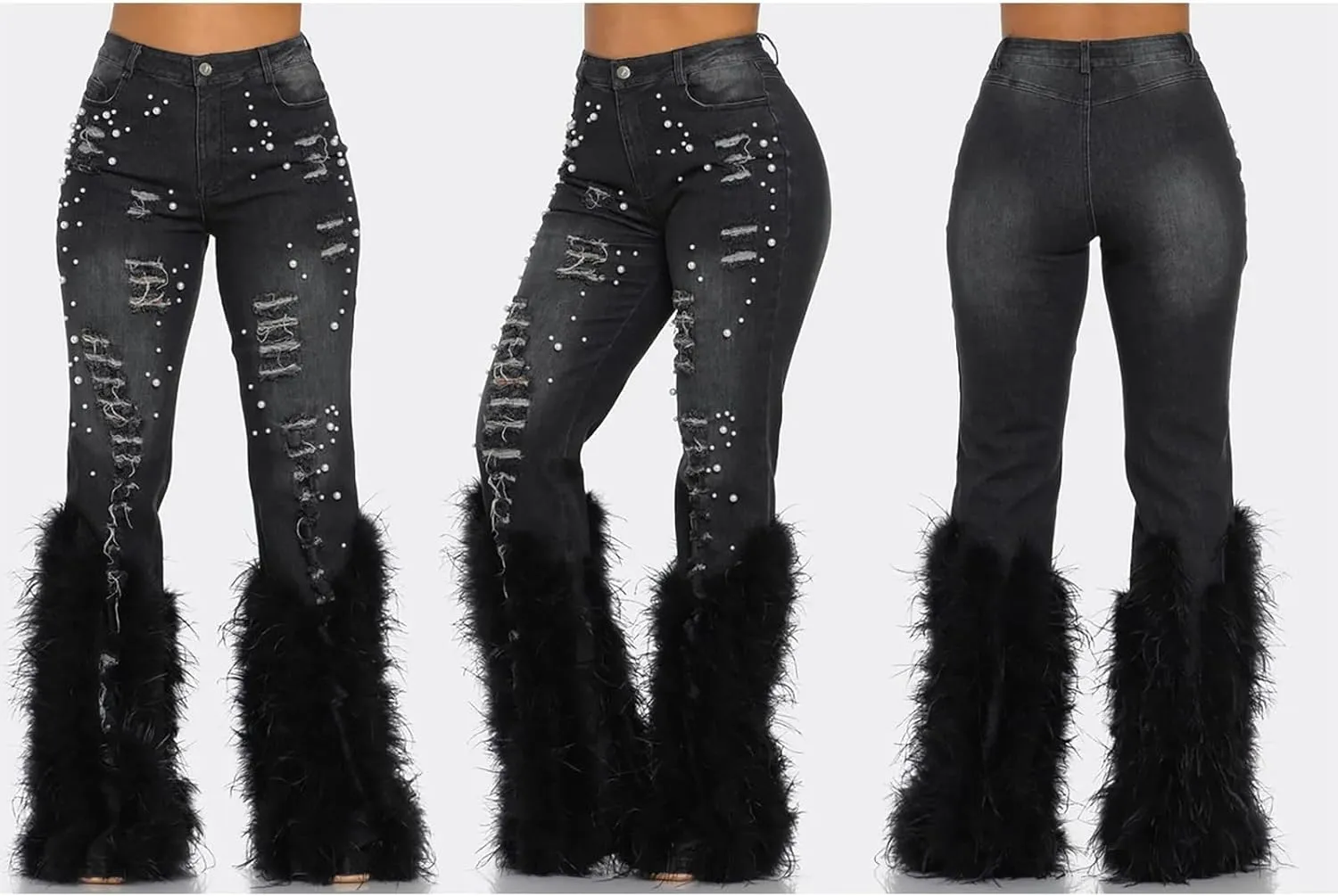 Unybwonn Women Ripped Pearl Bell Bottom Jeans Feather Fluffy Straight Leg Stretch Distressed Flared Denim Pants