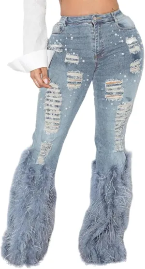 Unybwonn Women Ripped Pearl Bell Bottom Jeans Feather Fluffy Straight Leg Stretch Distressed Flared Denim Pants