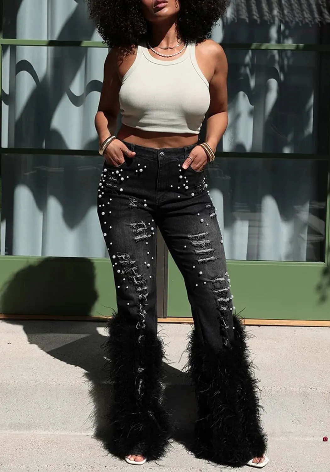 Unybwonn Women Ripped Pearl Bell Bottom Jeans Feather Fluffy Straight Leg Stretch Distressed Flared Denim Pants