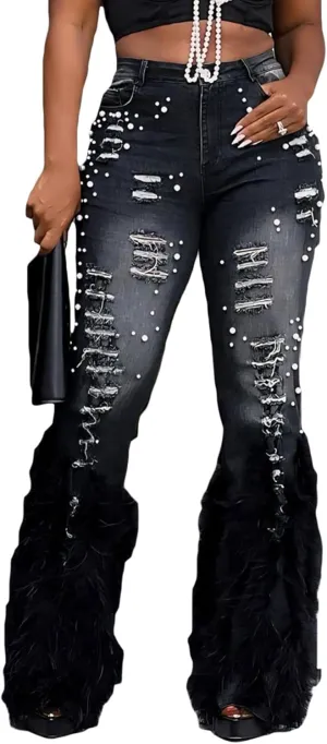Unybwonn Women Ripped Pearl Bell Bottom Jeans Feather Fluffy Straight Leg Stretch Distressed Flared Denim Pants