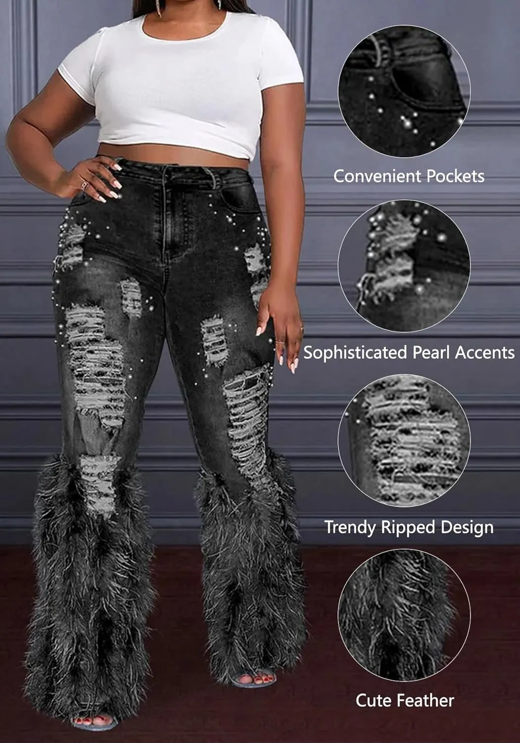 Unybwonn Women Ripped Pearl Bell Bottom Jeans Feather Fluffy Straight Leg Stretch Distressed Flared Denim Pants