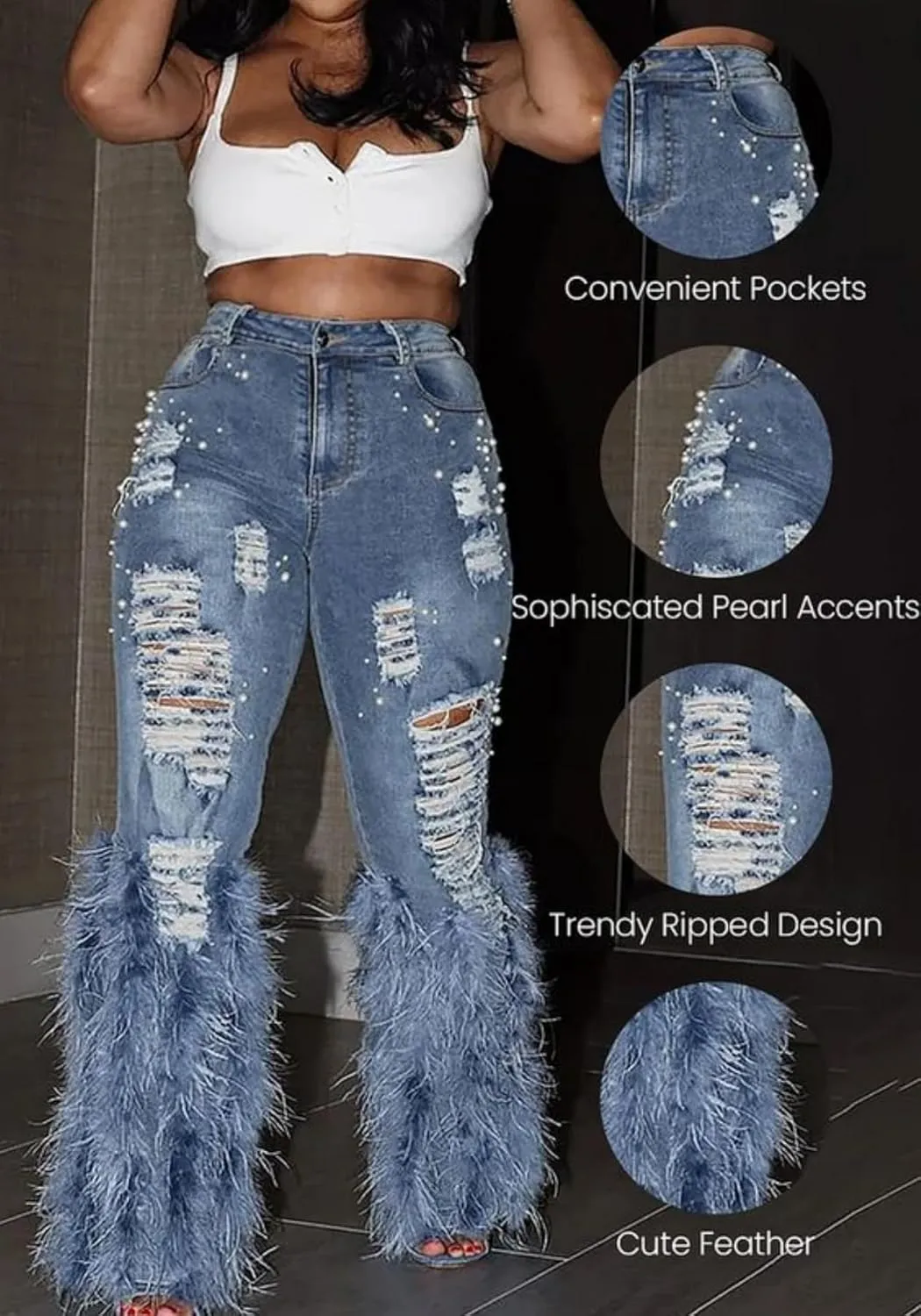 Unybwonn Women Ripped Pearl Bell Bottom Jeans Feather Fluffy Straight Leg Stretch Distressed Flared Denim Pants