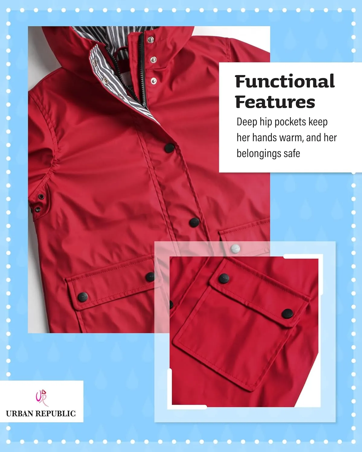 URBAN REPUBLIC Girls' Rain Jacket - Water-Resistant Slicker Shell Outerwear Windbreaker Raincoat with Hood (Sizes: 7-16)