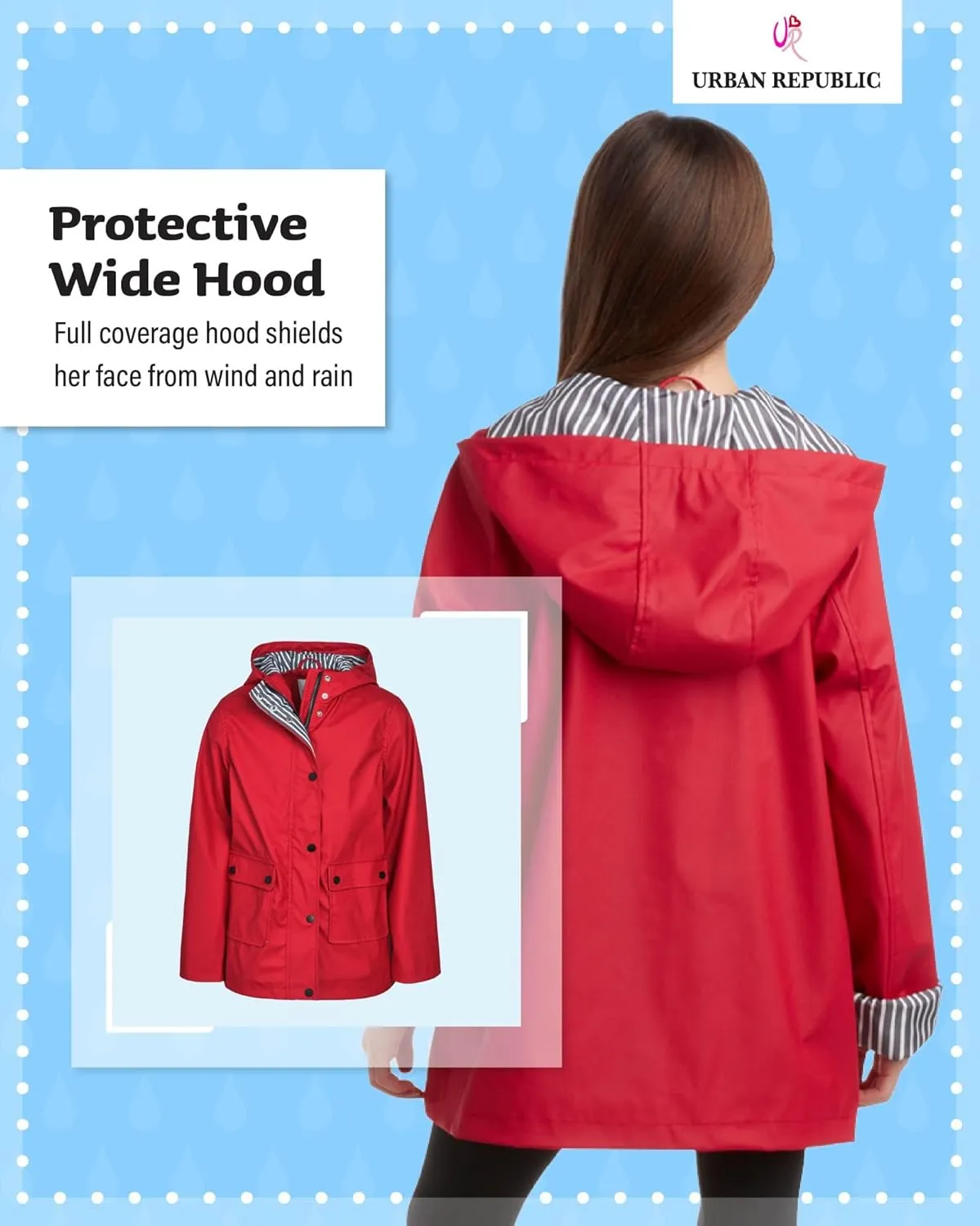 URBAN REPUBLIC Girls' Rain Jacket - Water-Resistant Slicker Shell Outerwear Windbreaker Raincoat with Hood (Sizes: 7-16)