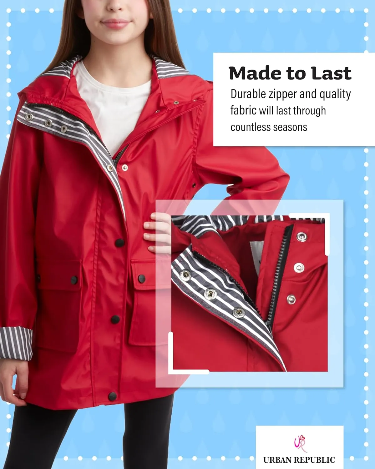 URBAN REPUBLIC Girls' Rain Jacket - Water-Resistant Slicker Shell Outerwear Windbreaker Raincoat with Hood (Sizes: 7-16)