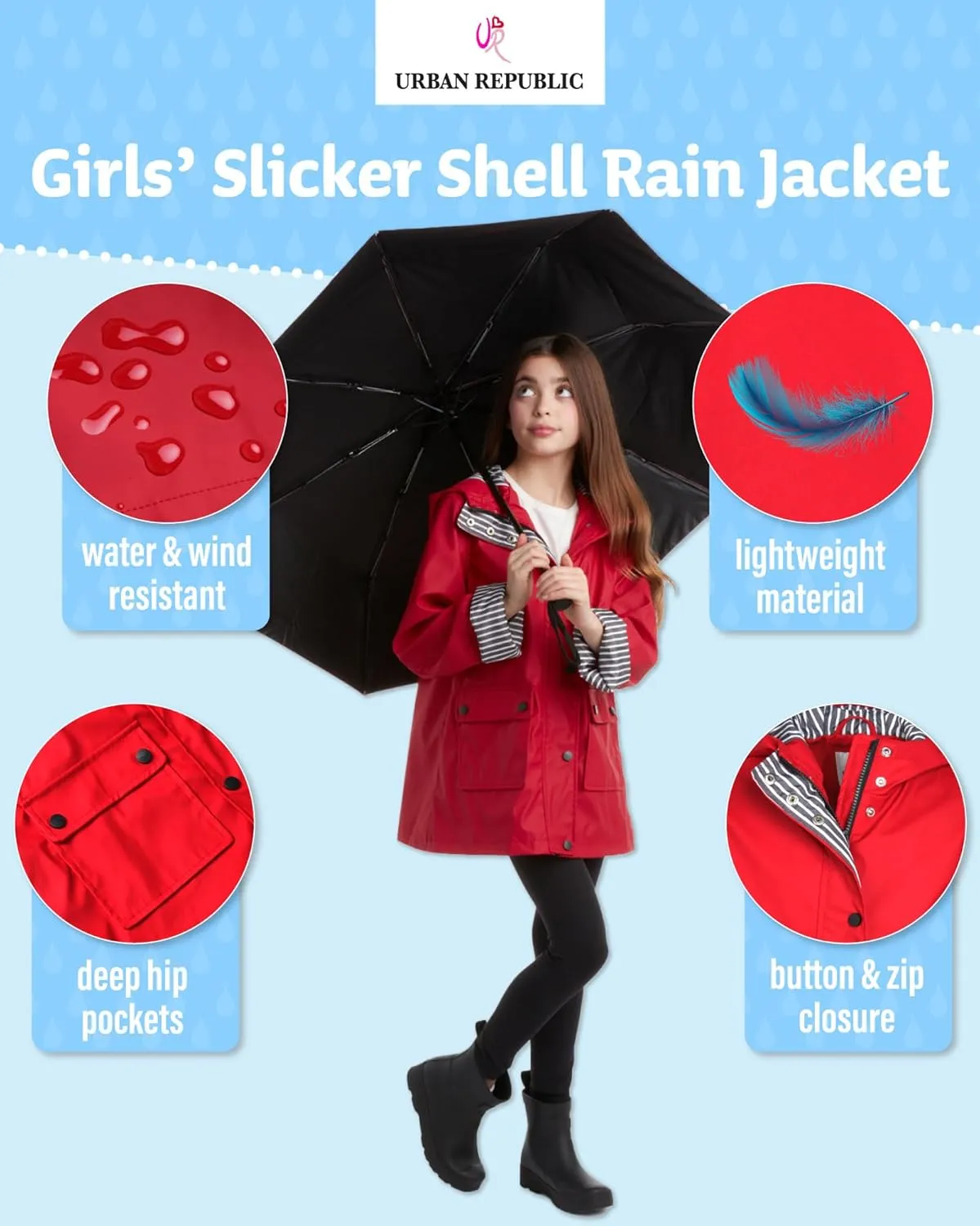URBAN REPUBLIC Girls' Rain Jacket - Water-Resistant Slicker Shell Outerwear Windbreaker Raincoat with Hood (Sizes: 7-16)