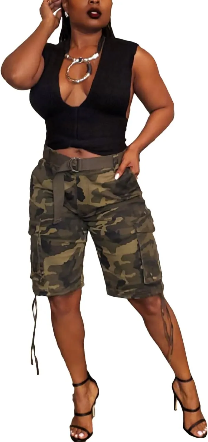 Vakkest Women's Camo Cargo Shorts Casual Trendy High Waisted Summer Joggers Camouflage Print Short Pants with Pockets