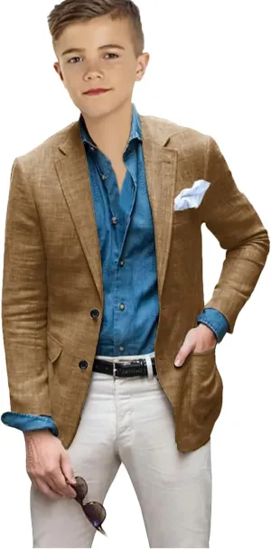 VENNYNG Boys Linen Blazer Slim Fit Suit Jacket Lightweight Summer Beach Wedding Kids Casual Party Children