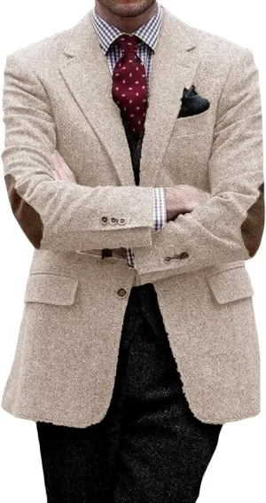 VENNYNG Mens Suit Jacket Single Breasted Vintage Short Trench Coat Blazer with Brown Elbow Patches