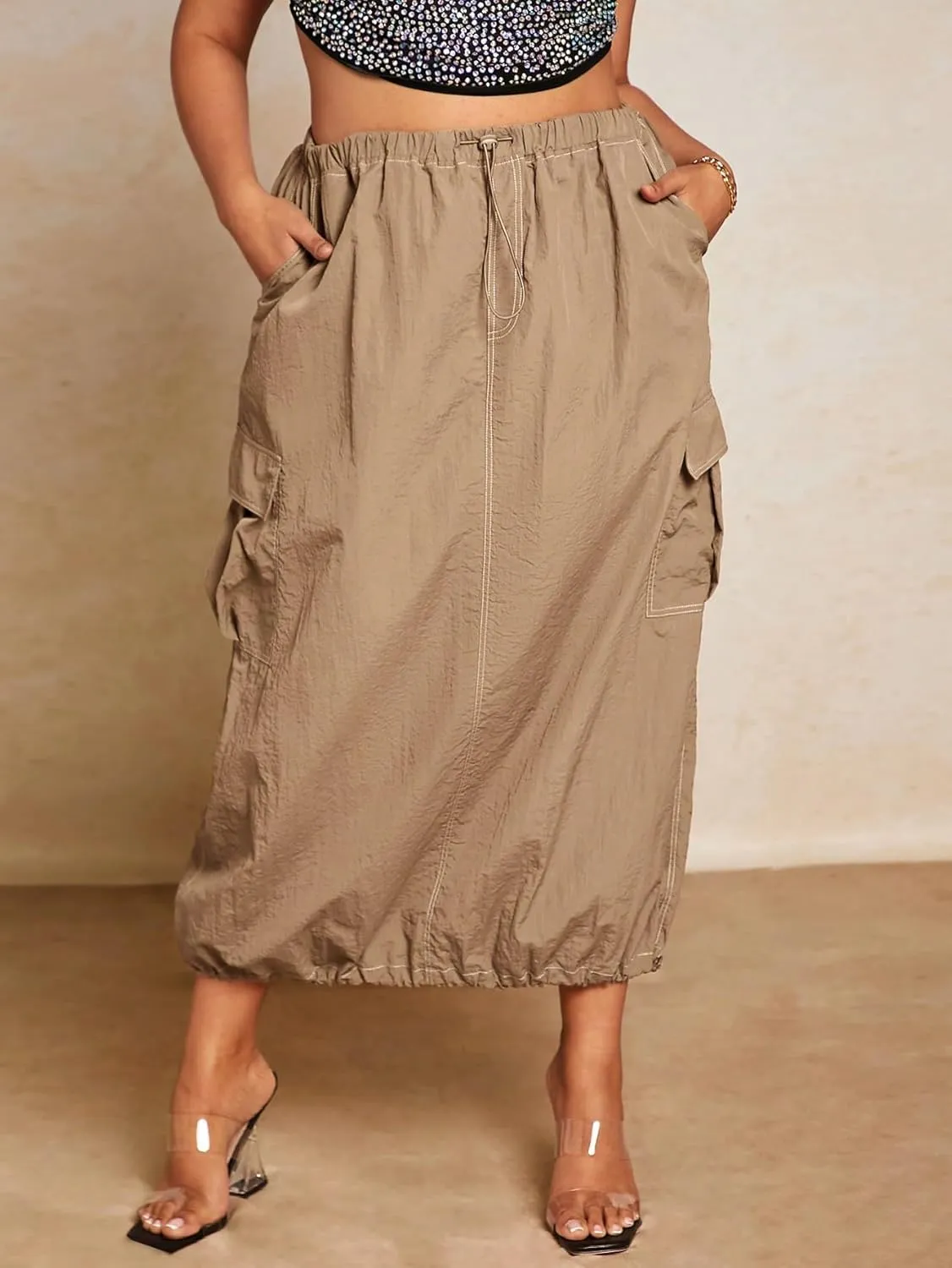 Verdusa Women's Plus Size Drawstring Waist Pocket Side Long Cargo Skirt